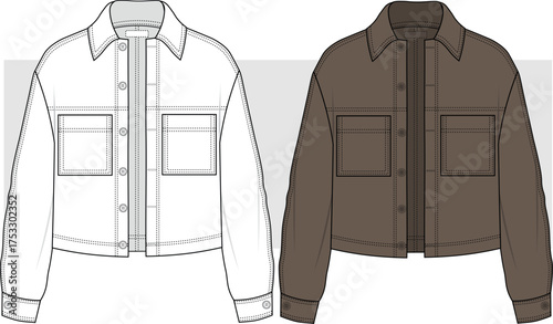Unisex suede trucker jacket, fashion technical drawing, illustration. Oversized  jacket vector. Cad, Mockup.
