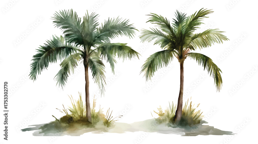 Obraz premium Watercolor Painting of Two Palm Trees on Sandy Ground with watercolor illutrastion transparent background