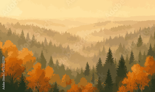Panoramic Autumn Forest Landscape with Mist and Golden Sunrise, 