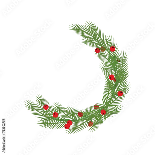 Festive christmas wreath segment with pine needles and red berries holiday decor element vector