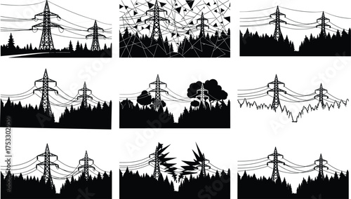 Vector illustration of high voltage electric power lines and pylons in forest landscape showing electricity transmission and energy network infrastructure