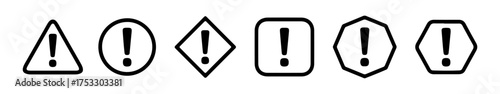 Caution alarm icons set. Danger, attention, fatal error message element, exclamation mark.