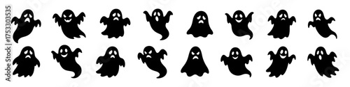 Cute cartoon ghost icons set. Adorable spirits with various facial expressions, playful and spooky character collection.