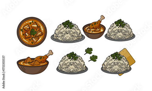 Vector Set of Indian Curry and Rice Dishes with Garnish