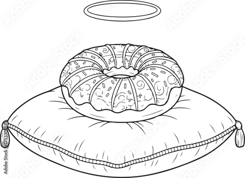 Sweet frosted donut with sprinkles rests regally upon a cushion beneath a halo, outlined
