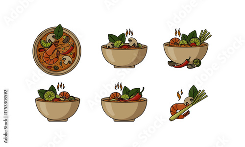 Tom Yum Soup with Shrimp, Lime, and Herbs – Vector Illustration Set