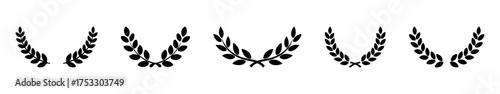 Greek laurel icons set. Circular foliage branches and wreath silhouettes, trophy crests, Greek olive branch awards, and winner round emblems.