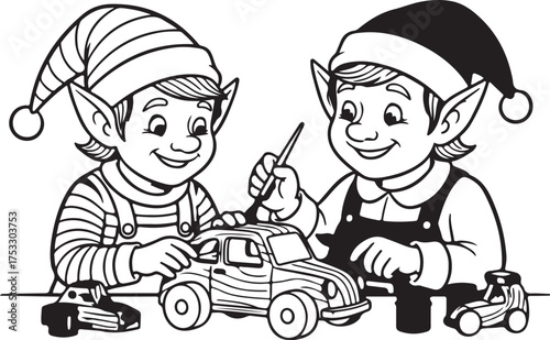 Two smiling monochrome elf children painting a wooden toy car together happily on white