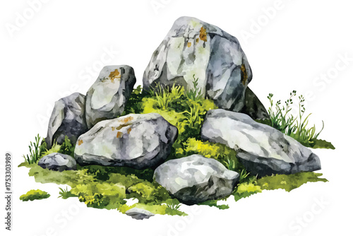 Watercolor Rocks and Green Grass Isolated on White Background watercolor illutrastion transparent background