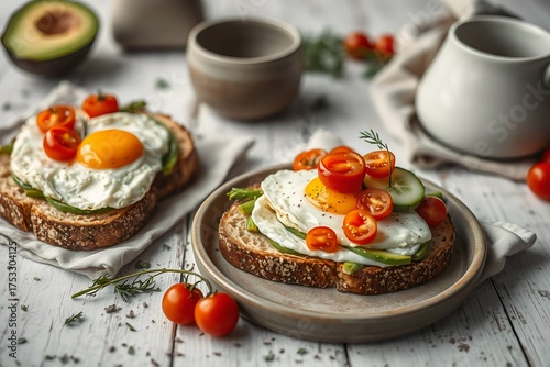 Nutritious breakfast toast topped with sunny-side-up egg and fresh seasonal greens.