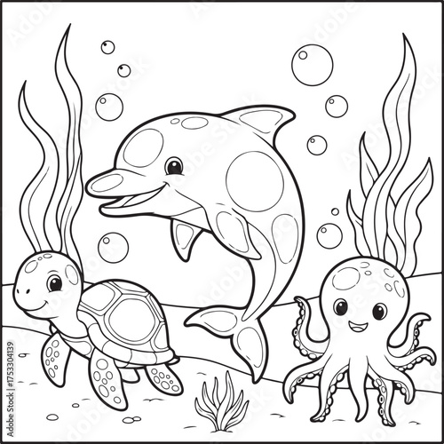 Black and white line art depicts a friendly dolphin, turtle and octopus underwater