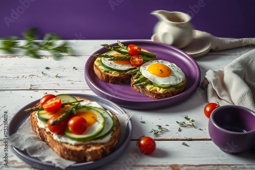 Healthy open sandwich with egg and vegetables, served with coffee in cozy morning setup.