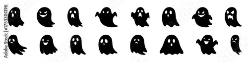 Cute cartoon ghost icons set. Adorable spirits with various facial expressions, playful and spooky character collection.