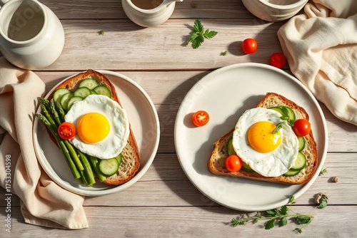 Fresh breakfast toast with fried egg, cucumber, cherry tomatoes, and asparagus on rustic wooden table.