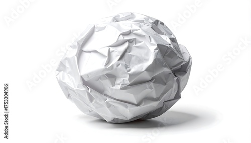 A single, crumpled ball of white paper sits against a pristine white backdrop, casting a subtle shadow beneath. The texture reveals creases