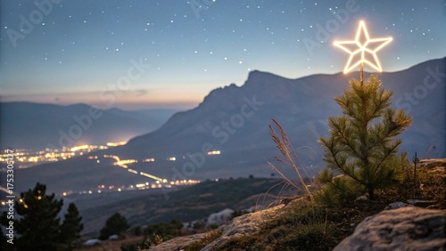 a Christmas star shines at night over the mountains of Bethlehem. 