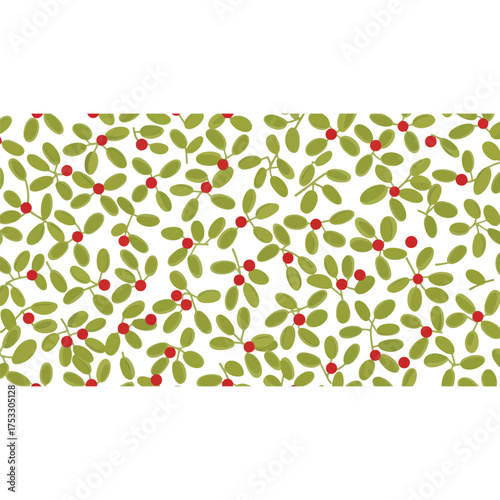 Abstract pattern of green leaves and red berries scattered on pale yellow background vector