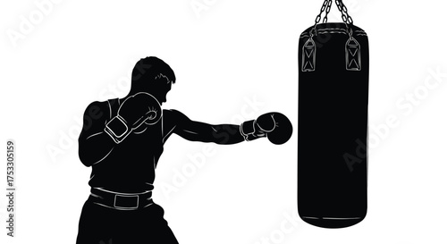 Boxer punching a heavy bag silhouette. Graphic illustration of martial arts training, fitness workout, and combat sport exercise.