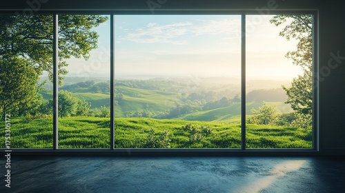 Wallpaper Mural Morning light illuminating lush green hills through modern glass windows tranquil nature setting serene atmosphere Torontodigital.ca