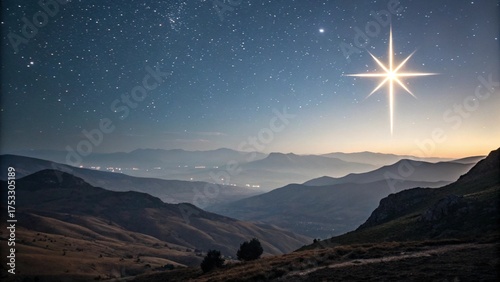 a Christmas star shines at night over the mountains of Bethlehem. 