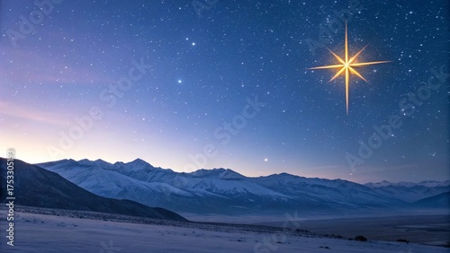 a Christmas star shines at night over the mountains of Bethlehem. 