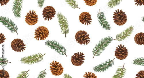 Nature's autumn collection pine cones spruce branches scattered festive seasonal pattern vector