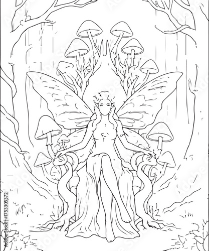 Forest queen fairy with wings sits on a mushroom throne among trees line art
