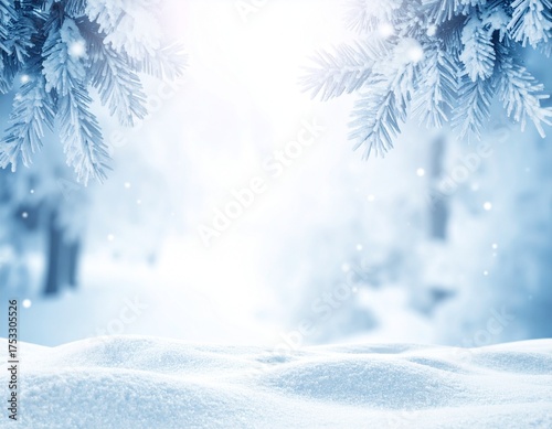 Beautiful Snowy Winter Forest Scene with Fir Branches and Falling Snowflakes