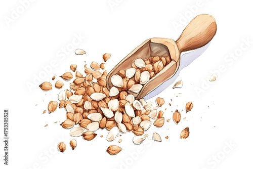 Wooden Scoop Filled With Grains And Seeds On White Background watercolor illutrastion transparent background