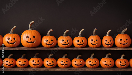 Due file di Jack-o'-lantern arancioni di diverse dimensioni, tutte sorridenti e allineate su mensole di legno con sfondo scuro.