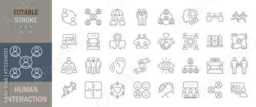 Human interaction icon set. Communication, people, connection, friends, chatting, bonding, socializing, groups, relationships, and more.  Editable line icons. Vector illustration.