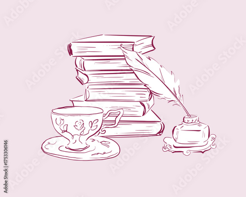 Stack of vintage books with inkwell, quill, and teacup in whimsical quickly sketched line art. Vector illustration for bookish decor, reading themes, stationery, cozy branding, and romantic design.