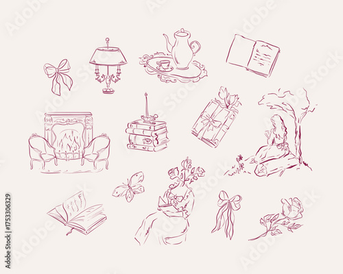 Reading girl, books, fireplace, bows, rose, teapot, cup, antique lamp, butterfly. Whimsical quickly sketched line art set. Vintage vector illustration inspired by cozy reading and love for books.