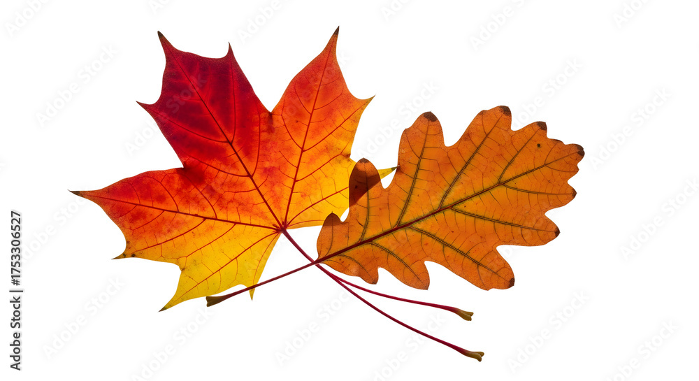 Fototapeta premium Vibrant Autumn Leaves: Maple and Oak Displaying Nature's Seasonal Beauty and Warm Hues on a White Background