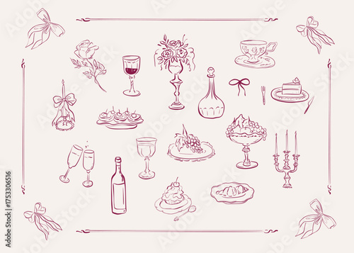 Wine, glasses, candles, desserts, fruit, flowers, tableware. Whimsical line art collection. Vintage bow frame. Quickly sketched vintage vector illustration for wedding menus, dining projects, posters.
