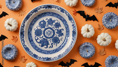 Piatto in ceramica bianco e blu con motivo floreale circondato da mini-zucche bianche e blu, pipistrelli neri e foglie secche su sfondo arancione, a tema Halloween.