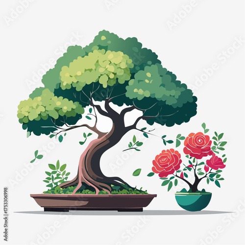 A stylized illustration featuring two bonsai trees, one with lush green foliage and the other with vibrant red roses.