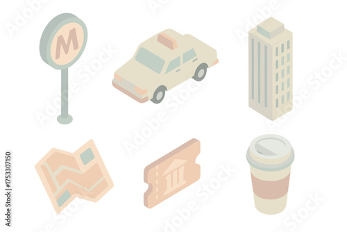 City Travel Icons. Isometric vector illustration set of city travel icons: metro sign, taxi car, skyscraper, street map, museum