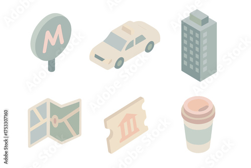 City Travel Icons. Isometric vector illustration set of city travel icons: metro sign, taxi car, skyscraper, street map, museum