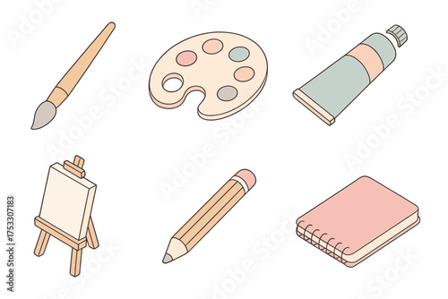 Art Tools Icons. Isometric vector illustration set of creative tools icons: paintbrush, color palette, watercolor tube, easel with