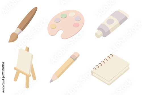 Art Tools Icons. Isometric vector illustration set of creative tools icons: paintbrush, color palette, watercolor tube, easel with