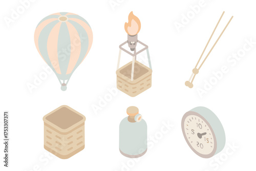 Hot Air Balloon Components. Isometric vector illustration set Hot Air Balloon Components: inflated balloon envelope, burner with