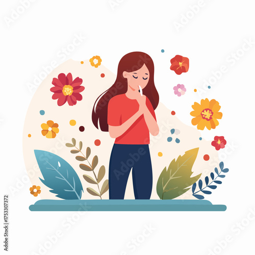 A woman smelling a flower, surrounded by colorful floral elements.