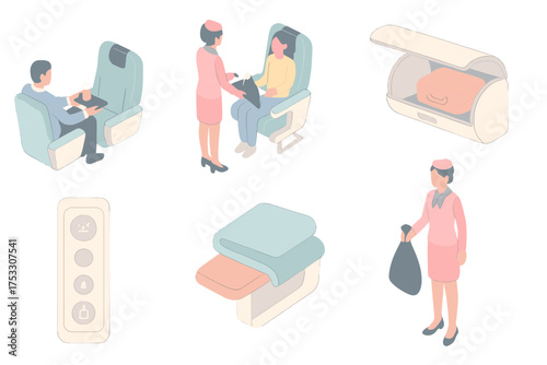 Airplane Cabin Service. Isometric vector illustration set Airplane Cabin Service Scene: flight attendant offering drink, passenger
