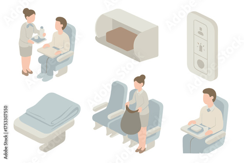 Airplane Cabin Service. Isometric vector illustration set Airplane Cabin Service Scene: flight attendant offering drink, passenger