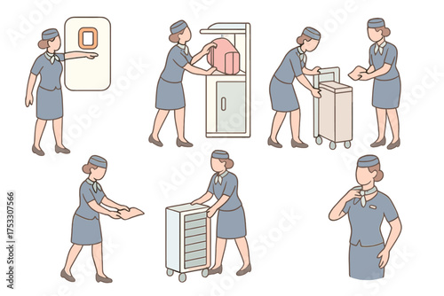 Flight Attendant Actions. Isometric vector illustration set Flight Attendant Actions: pointing at exit, helping with luggage,