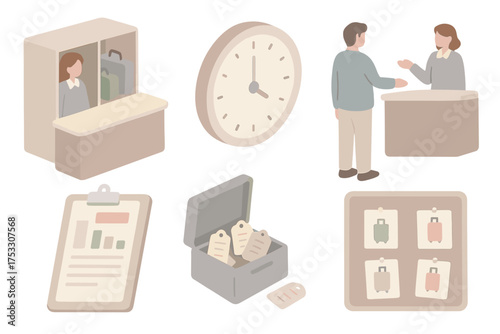 Lost Luggage Desk Scene. Isometric vector illustration set Lost and Found Desk Scene: unclaimed luggage behind counter, clipboard