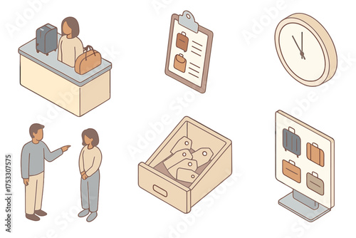 Lost Luggage Desk Scene. Isometric vector illustration set Lost and Found Desk Scene: unclaimed luggage behind counter, clipboard