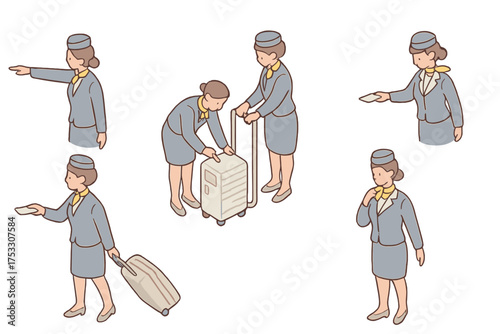 Flight Attendant Actions. Isometric vector illustration set Flight Attendant Actions: pointing at exit, helping with luggage,