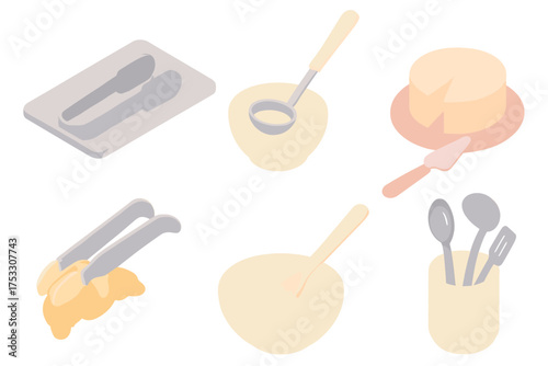 Buffet Utensils Icons. Isometric vector illustration set Buffet Serving Utensils: metal tongs resting on tray, soup ladle in bowl,